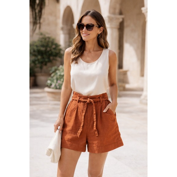 Rag & Bone Burnt Orange Linen Blend Paperbag Waist Shorts Size 10 High Rise Tie
